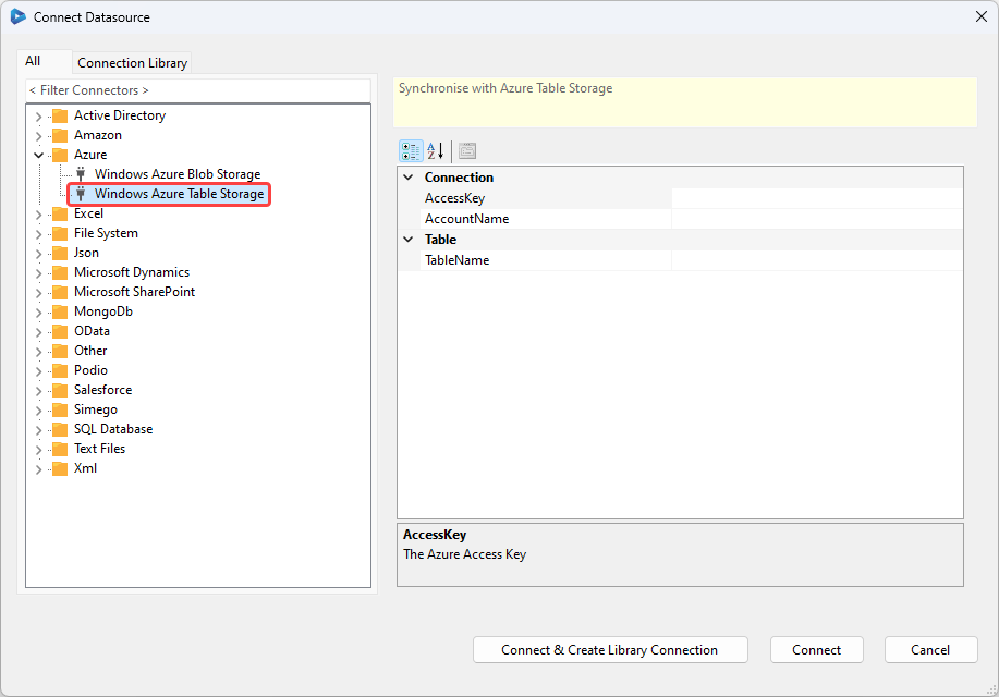 Connect to Azure Table Storage