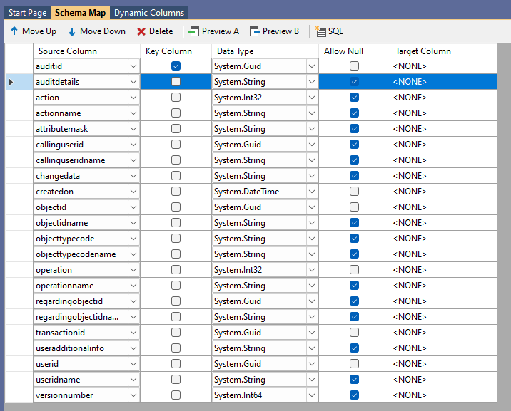 Schema - Source Columns