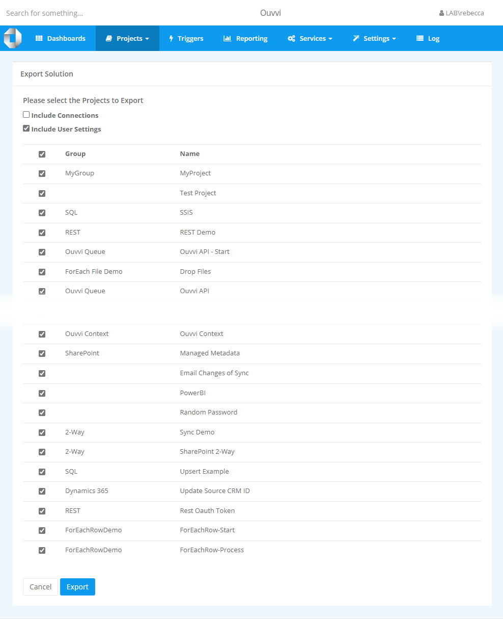 Choose Export Items