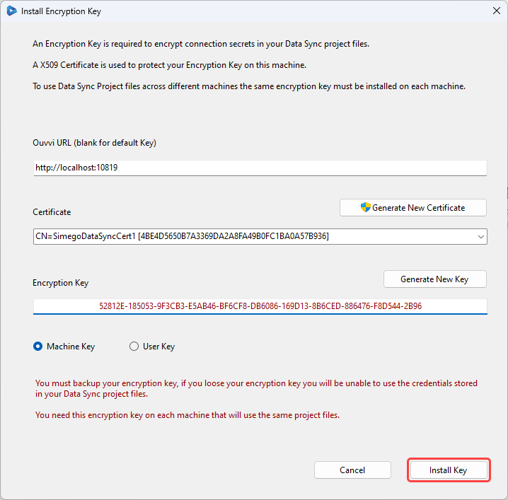 Install Encryption Key - Data Sync