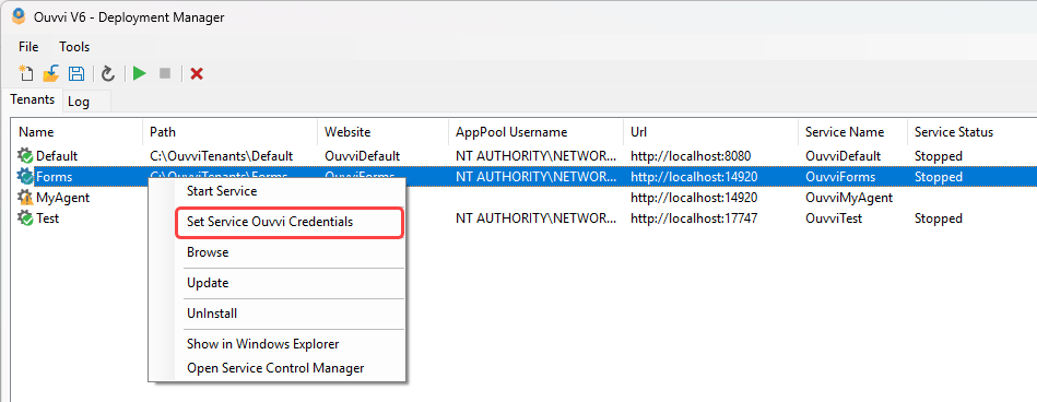 Set Credentials Menu