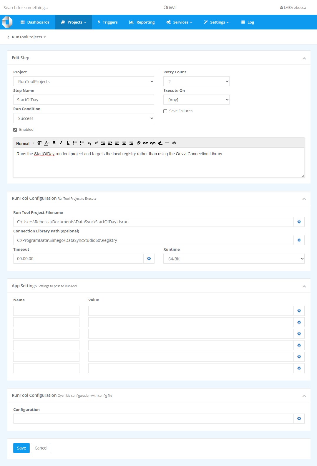 RunTool Project Step Configuration