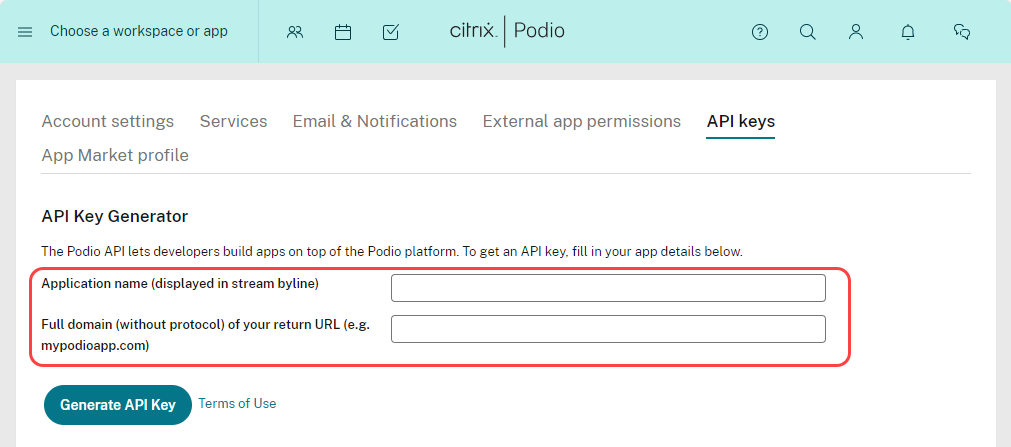 Create Podio API Key