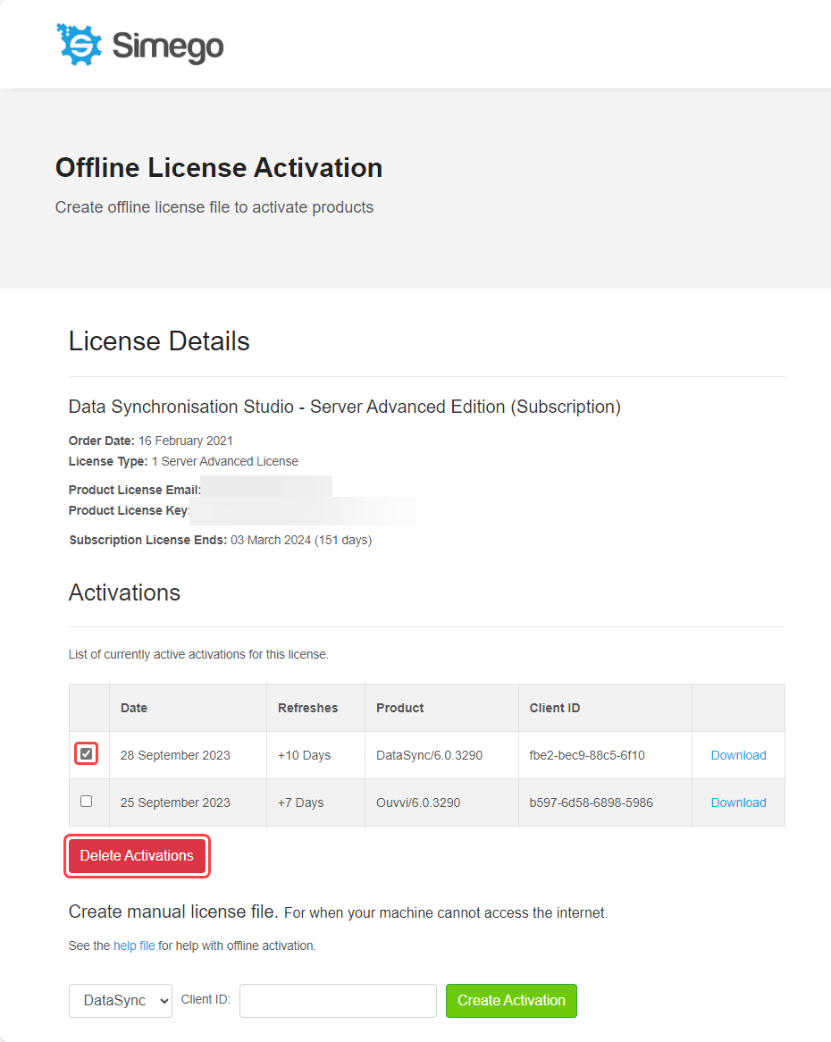 Delete Activation Manage License