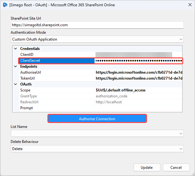 Connection Property Edit Window