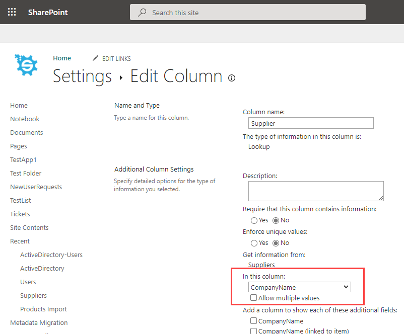 SharePoint Lookup Column Configuration