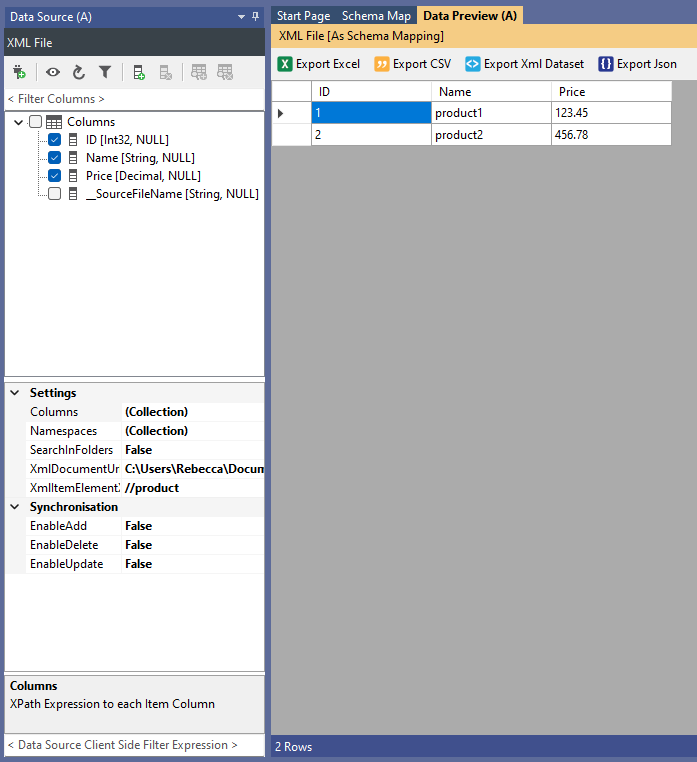 Connect to XML File Preview Result